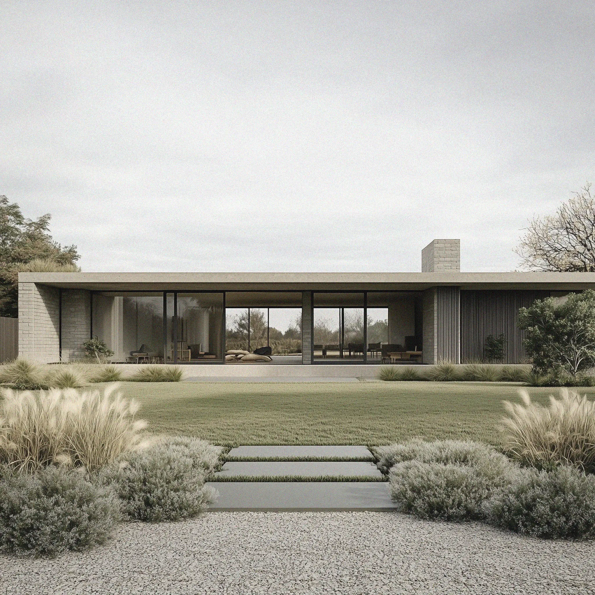 Residential landscape with curated plant palette and minimalist design